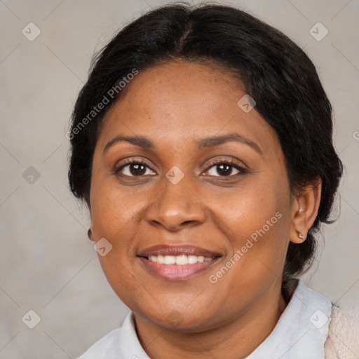 Joyful black adult female with medium  brown hair and brown eyes