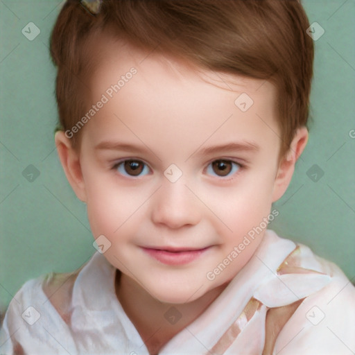 Joyful white child female with short  brown hair and brown eyes