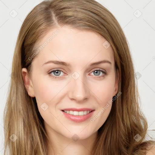 Joyful white young-adult female with long  brown hair and green eyes