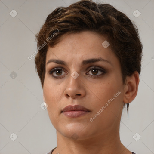 Neutral white young-adult female with short  brown hair and brown eyes