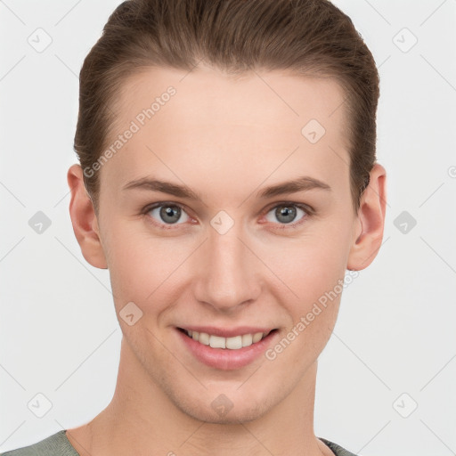 Joyful white young-adult female with short  brown hair and grey eyes