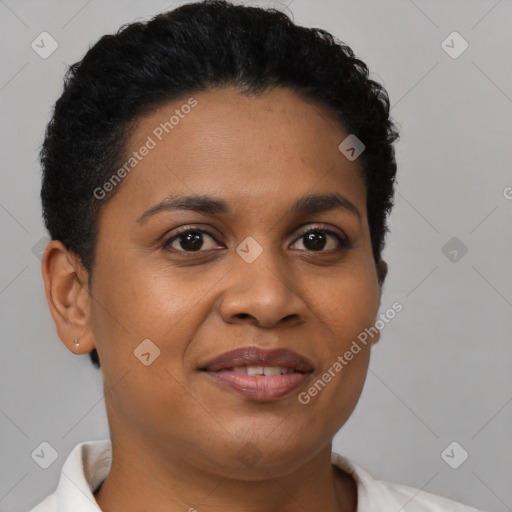 Joyful latino young-adult female with short  black hair and brown eyes