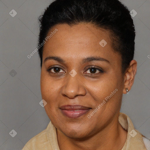 Joyful black adult female with short  brown hair and brown eyes