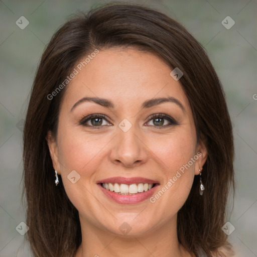 Joyful white young-adult female with medium  brown hair and green eyes