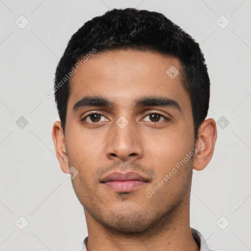 Neutral latino young-adult male with short  black hair and brown eyes