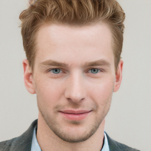 Neutral white young-adult male with short  brown hair and grey eyes