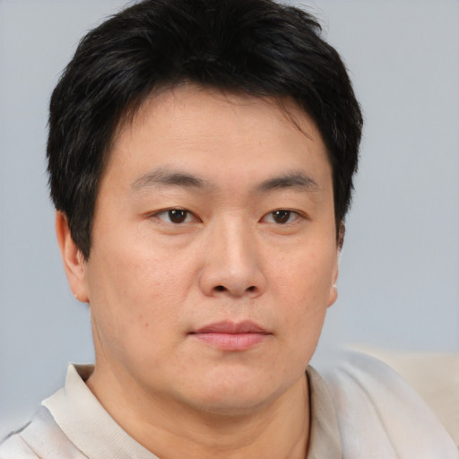 Neutral asian young-adult male with short  brown hair and brown eyes