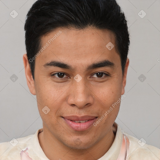 Joyful latino young-adult male with short  brown hair and brown eyes