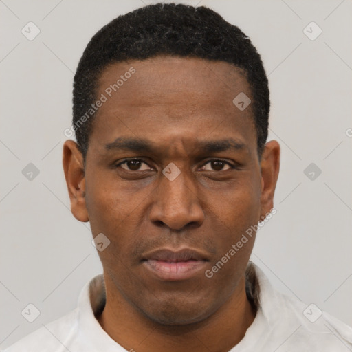 Neutral black young-adult male with short  black hair and brown eyes