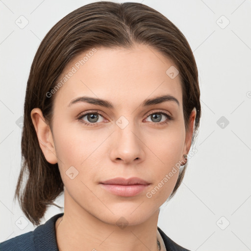 Neutral white young-adult female with medium  brown hair and grey eyes