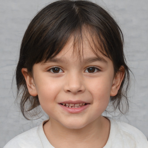 Joyful white child female with medium  brown hair and brown eyes