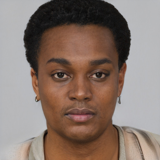 Neutral black young-adult female with short  black hair and brown eyes