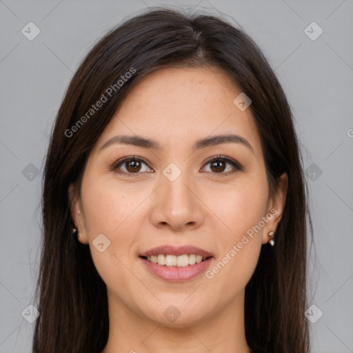 Joyful white young-adult female with long  brown hair and brown eyes