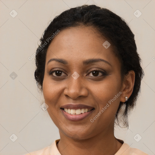 Joyful latino young-adult female with medium  black hair and brown eyes