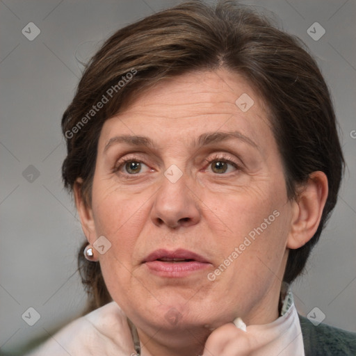 Joyful white middle-aged female with medium  brown hair and brown eyes