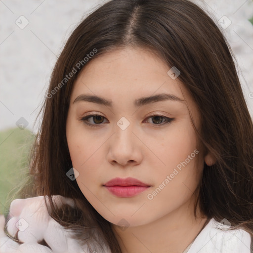 Neutral white young-adult female with medium  brown hair and brown eyes