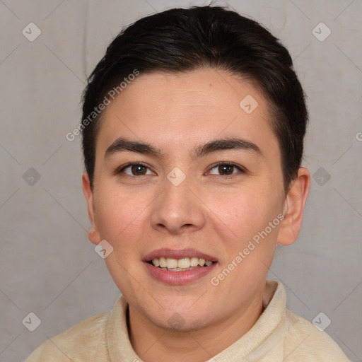 Joyful white young-adult female with short  brown hair and brown eyes