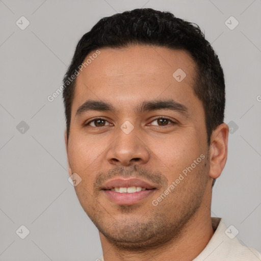 Neutral latino young-adult male with short  black hair and brown eyes