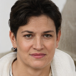 Joyful white adult female with short  brown hair and brown eyes