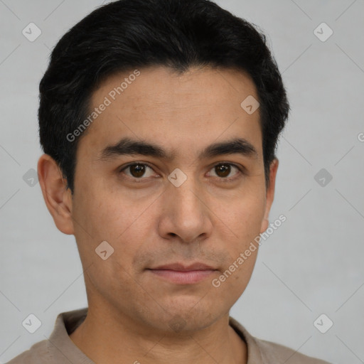 Neutral asian young-adult male with short  black hair and brown eyes