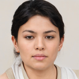 Neutral asian young-adult female with medium  brown hair and brown eyes