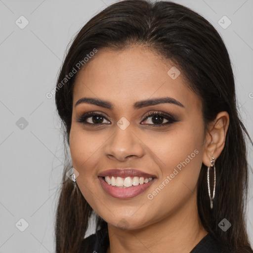 Joyful white young-adult female with long  brown hair and brown eyes