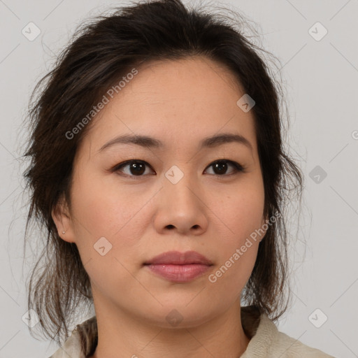 Neutral asian young-adult female with medium  brown hair and brown eyes