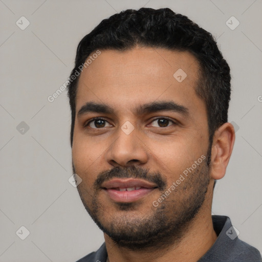 Neutral latino young-adult male with short  black hair and brown eyes