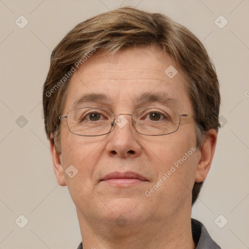 Joyful white middle-aged male with short  brown hair and grey eyes