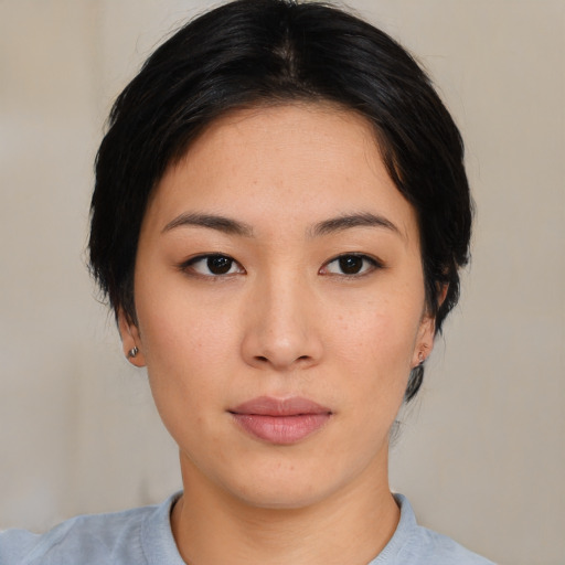 Neutral asian young-adult female with medium  black hair and brown eyes