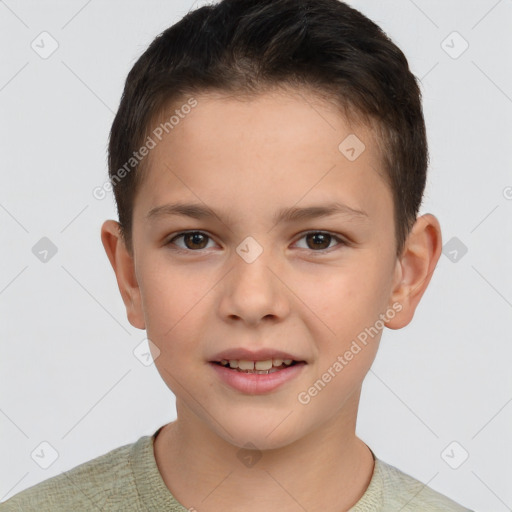 Joyful white child female with short  brown hair and brown eyes