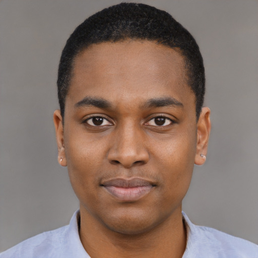 Neutral black young-adult male with short  black hair and brown eyes
