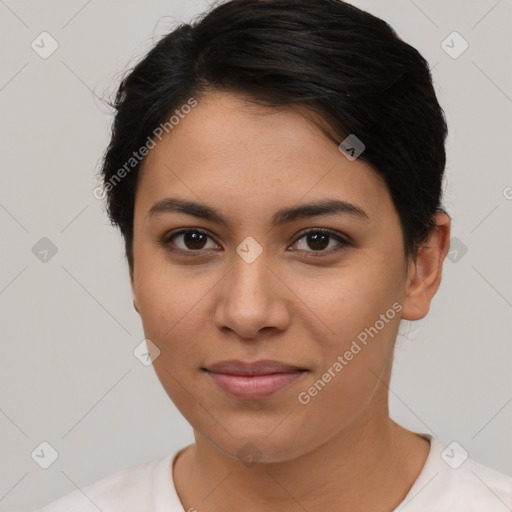 Joyful latino young-adult female with short  brown hair and brown eyes