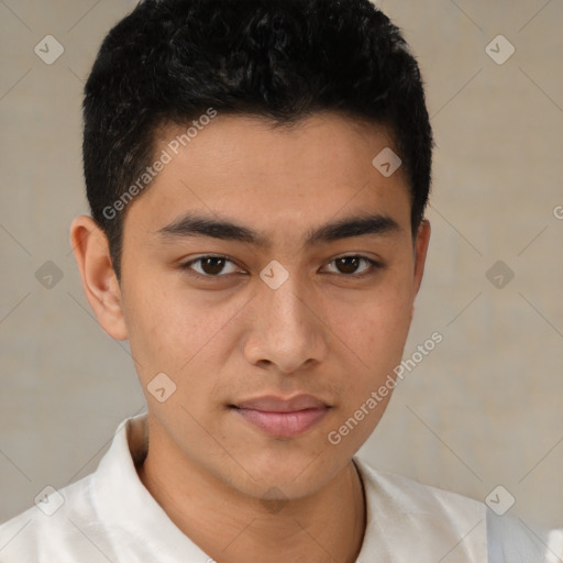 Joyful asian young-adult male with short  brown hair and brown eyes