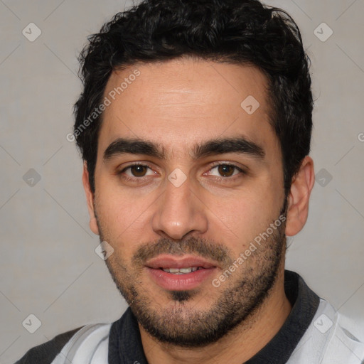 Joyful white young-adult male with short  black hair and brown eyes