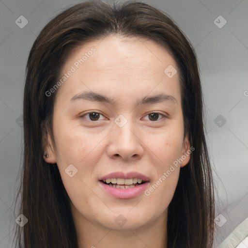 Joyful white young-adult female with long  brown hair and brown eyes