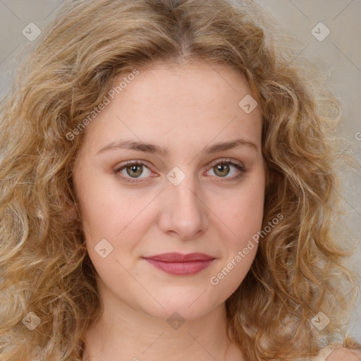 Joyful white young-adult female with long  brown hair and green eyes