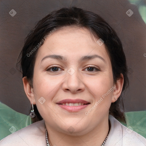 Joyful white young-adult female with medium  brown hair and brown eyes