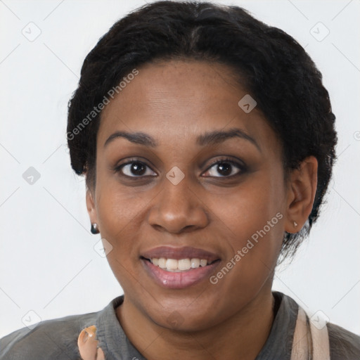 Joyful latino young-adult female with short  brown hair and brown eyes