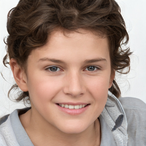 Joyful white child female with medium  brown hair and brown eyes