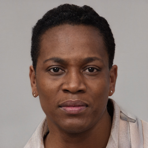 Neutral black adult female with short  black hair and brown eyes