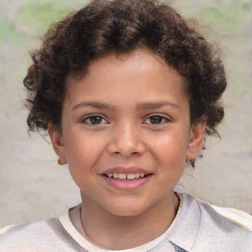 Joyful white child female with short  brown hair and brown eyes