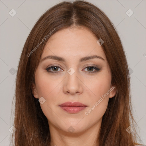 Neutral white young-adult female with long  brown hair and brown eyes