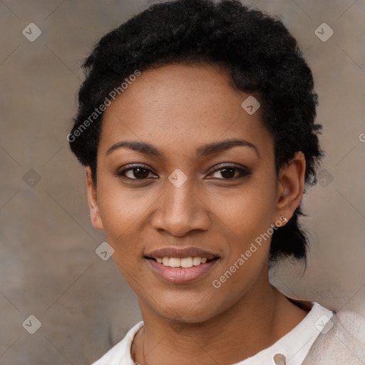 Joyful latino young-adult female with short  black hair and brown eyes