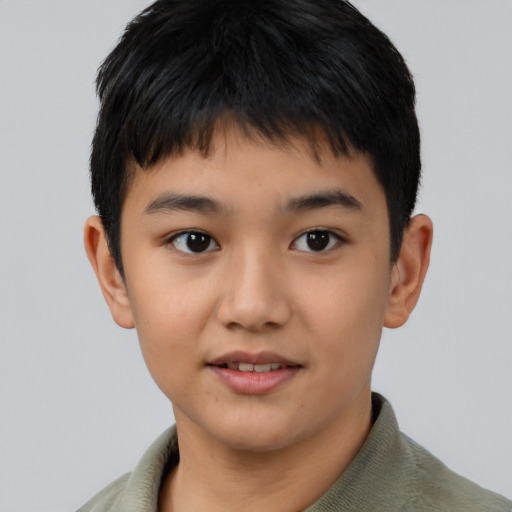 Joyful asian child male with short  brown hair and brown eyes