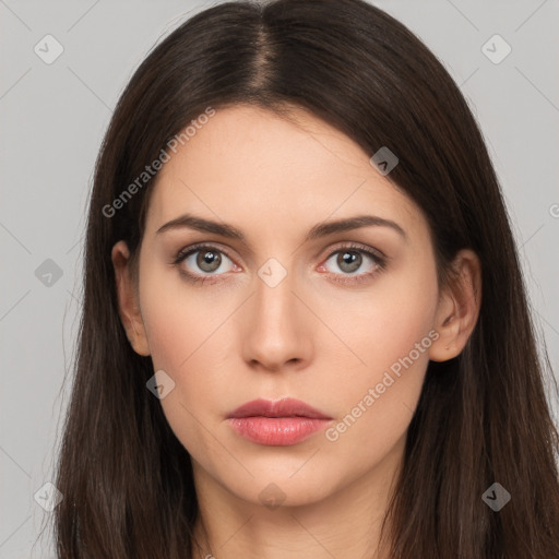 Neutral white young-adult female with long  brown hair and brown eyes