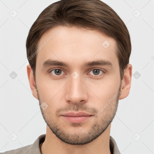 Neutral white young-adult male with short  brown hair and brown eyes