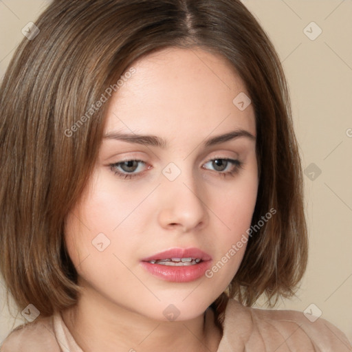 Neutral white young-adult female with medium  brown hair and brown eyes