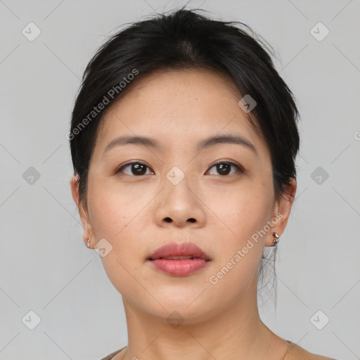 Neutral asian young-adult female with short  brown hair and brown eyes