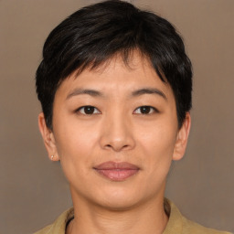 Joyful asian young-adult female with short  brown hair and brown eyes